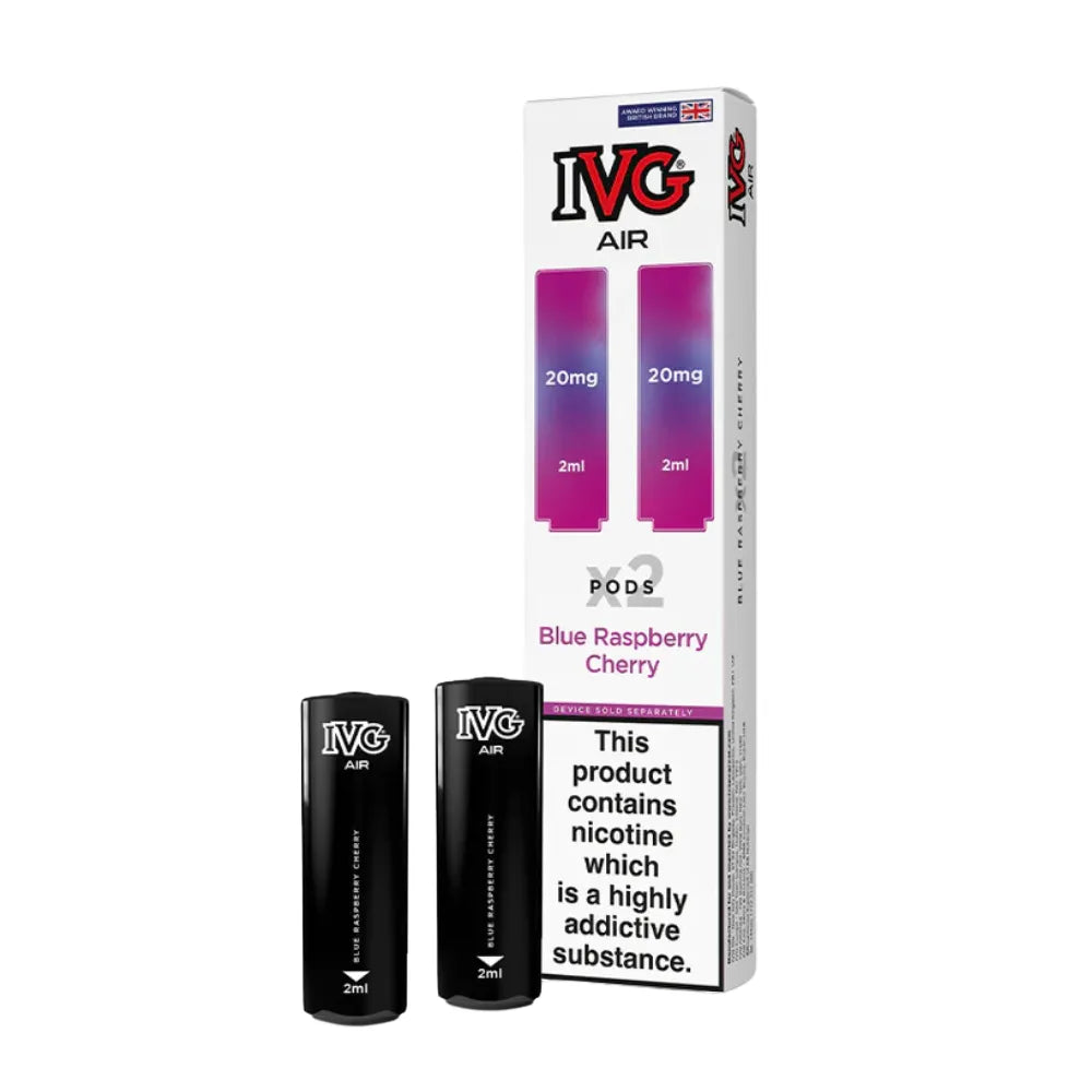 IVG Air vape pods blue raspberry cherry and packaging on a white background