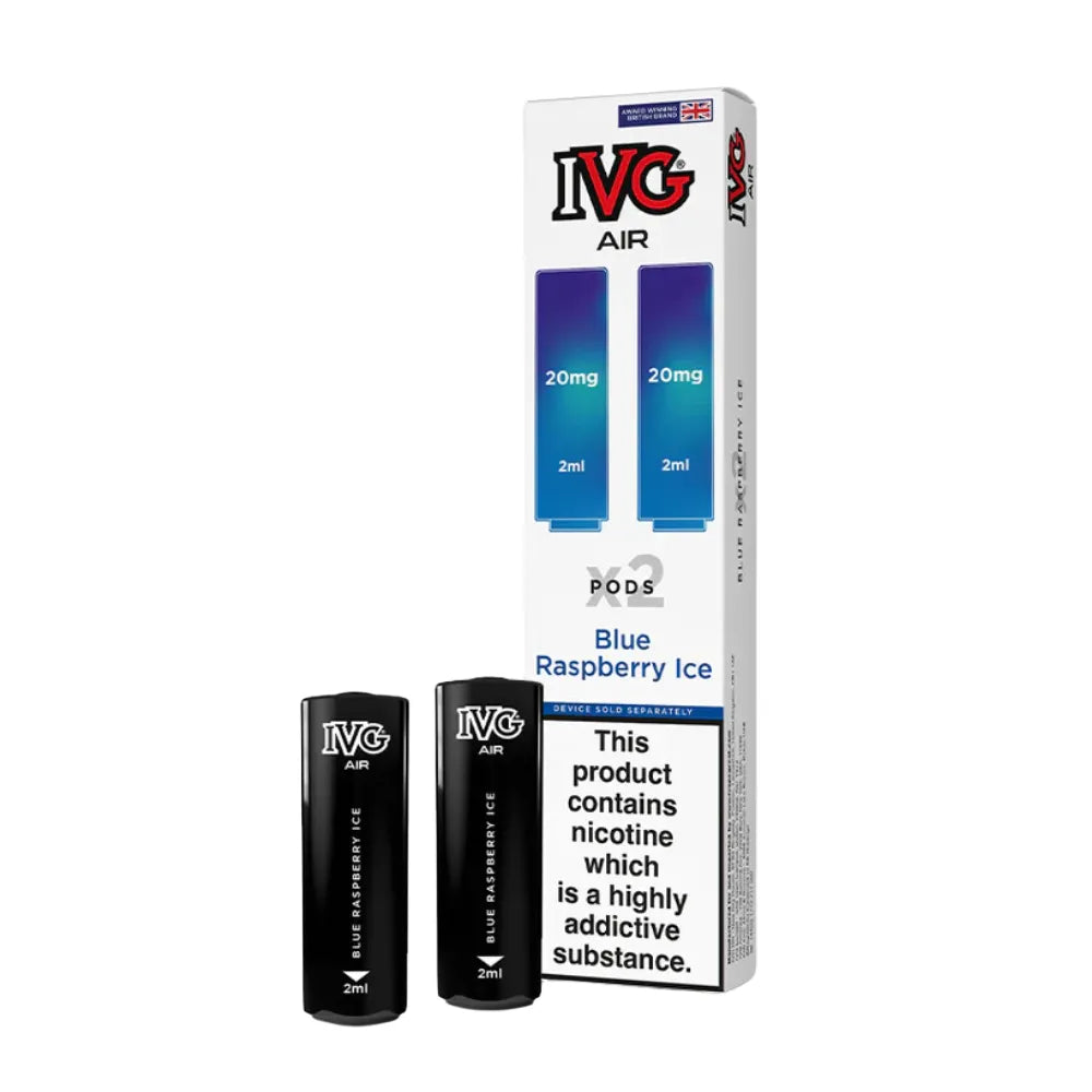 IVG Air Blue Raspberry Ice vape pods packaging with two black vape devices on a white background.