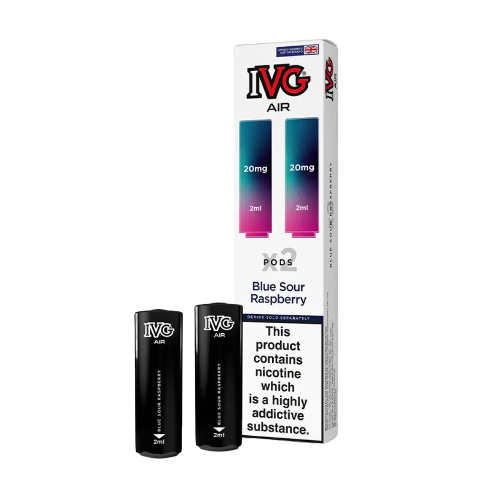 IVG Air vape pods blue sour raspberry and packaging on a white background