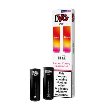 IVG Air vape pods lemon cherry passionfruit and packaging on a white background