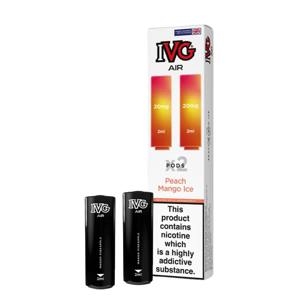 IVG Air vape pods peach mango ice and packaging on a white background