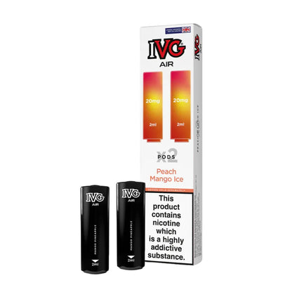 IVG Air vape pods peach mango ice and packaging on a white background