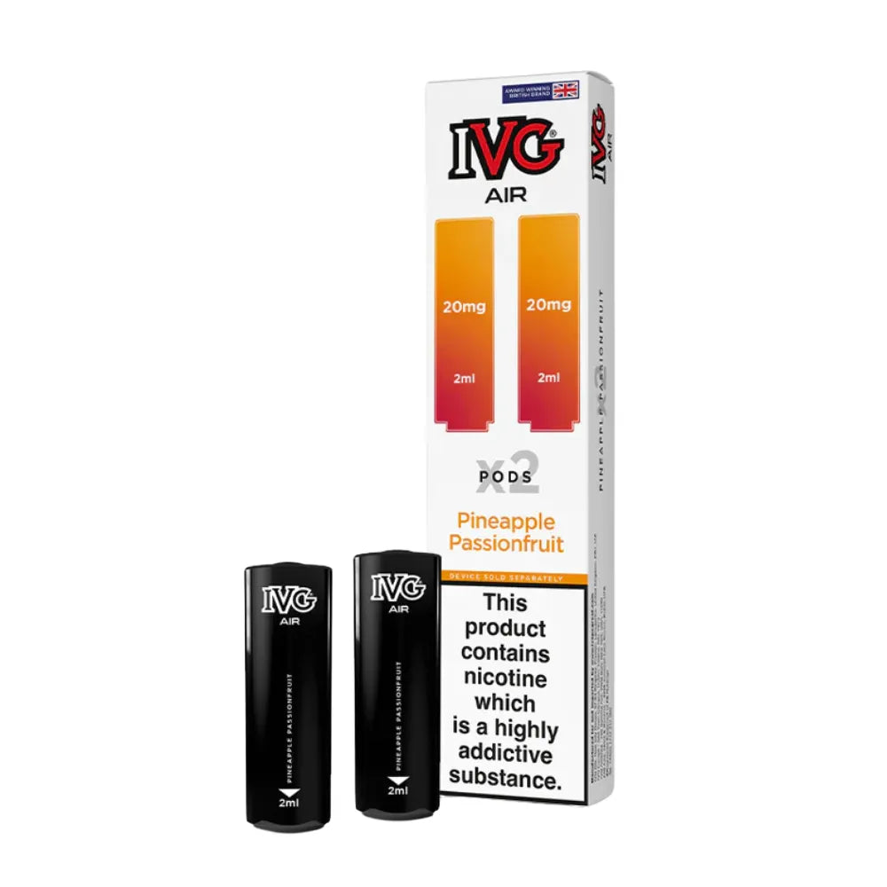 IVG Air vape pods pineapple passionfruit packaging with two black vape devices on a white background