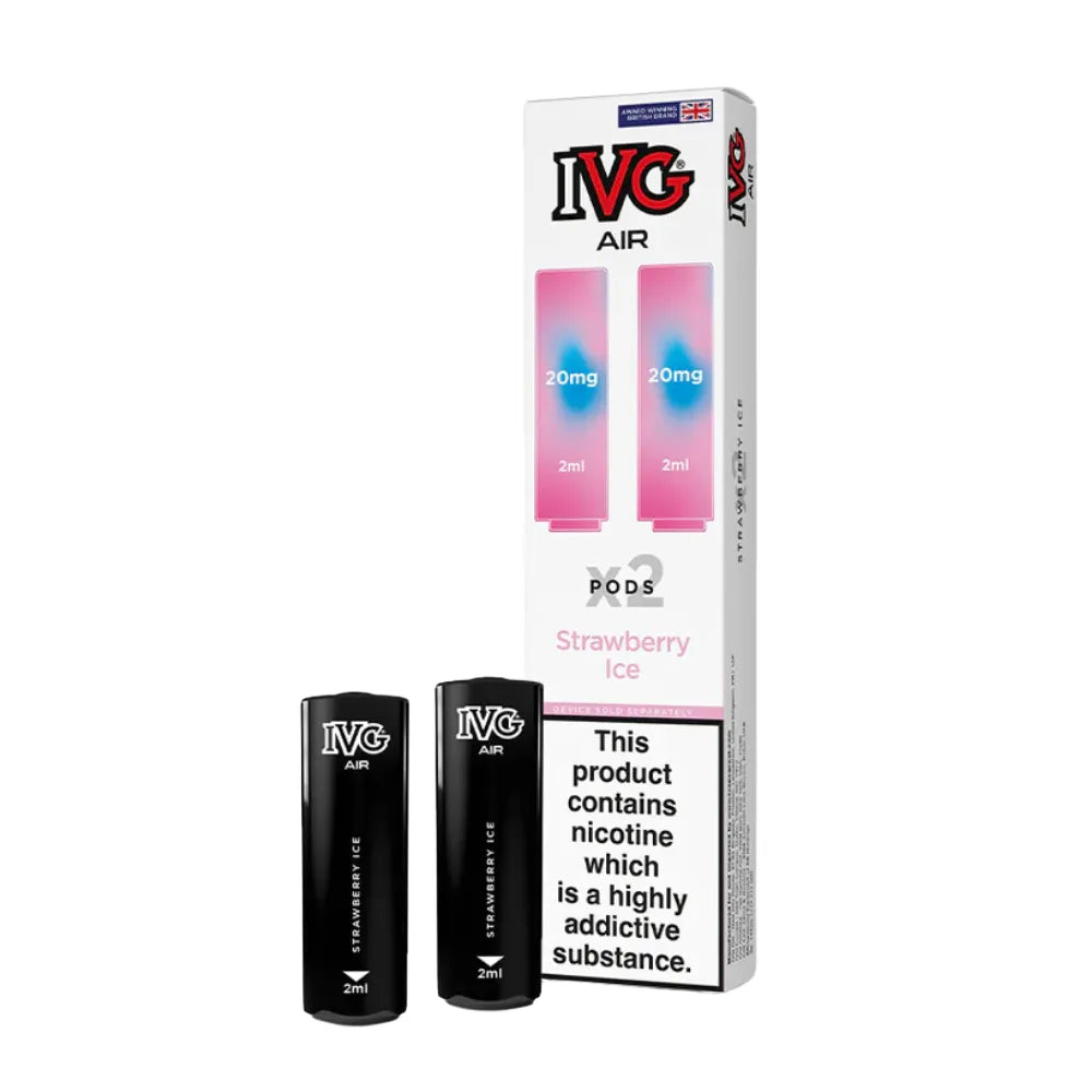 IVG Air strawberry ice vape pods packaging with two black vape devices on a white background