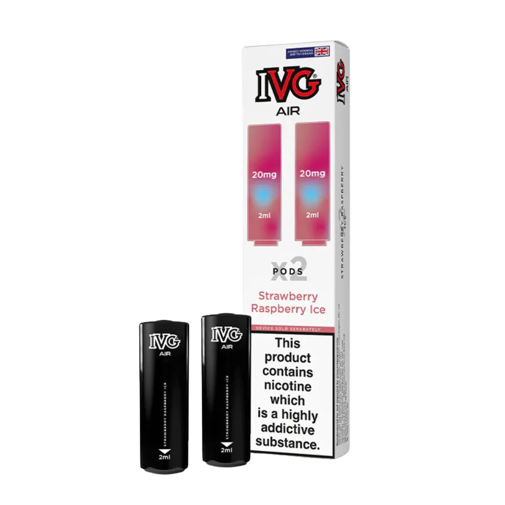 IVG Air vape pods strawberry raspberry ice and packaging on a white background