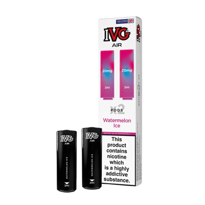 IVG Air vape pods watermelon ice packaging with two black vape devices on a white background