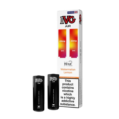 IVG Air vape watermelon lemon and pods packaging on a white background