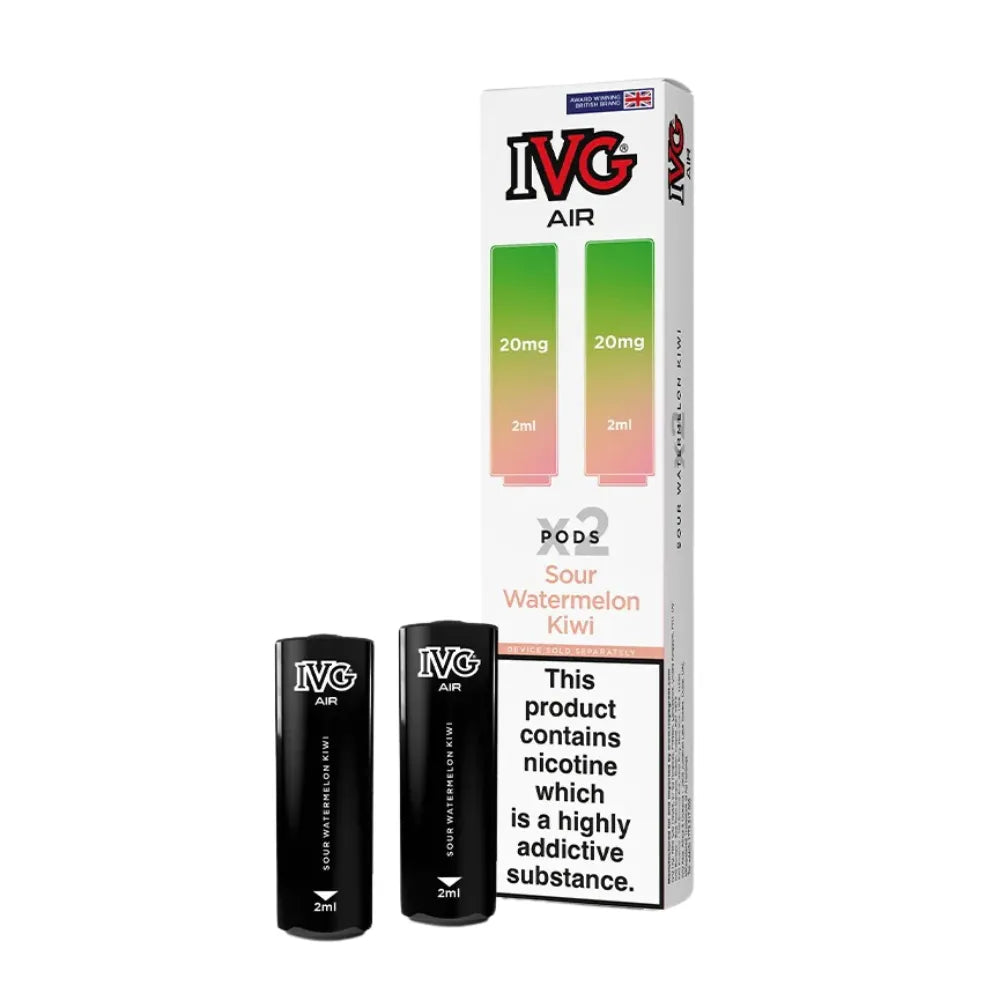 IVG vape pods packaging sour kiwi watermelon with two black vape devices on a white background