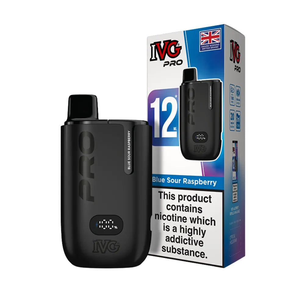 Black IVG Pro vaping device with packaging on a white background
