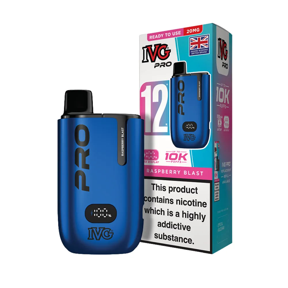 Blue IVG Pro vaping device with packaging on a white background