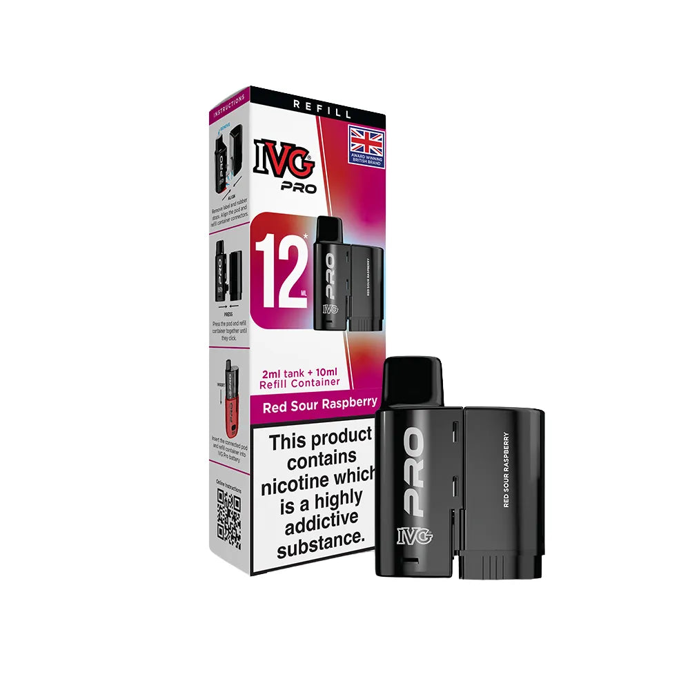 IVG Pro pod Red Sour Raspberry with packaging on a white background