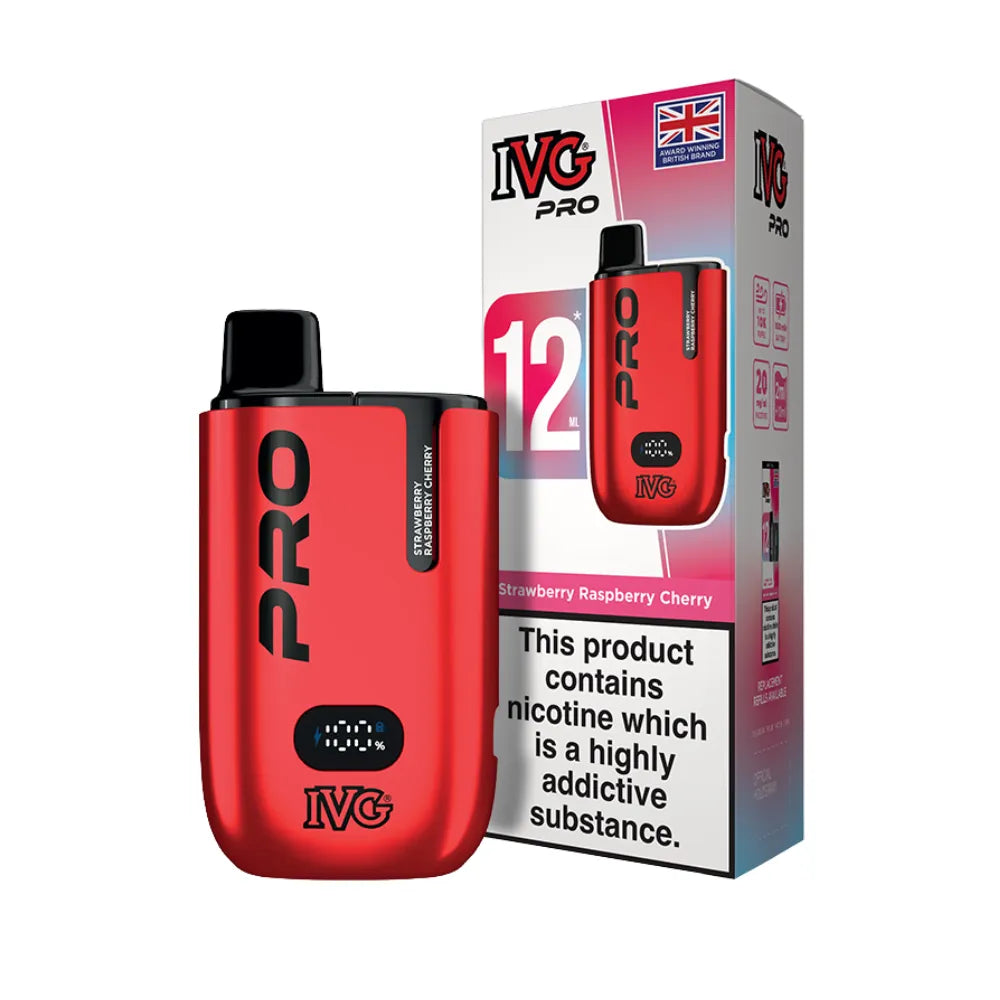 Red IVG Pro vaping device with packaging on a white background