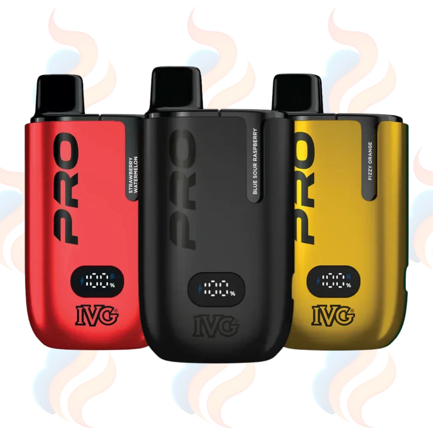 Three IVG Pro vape devices in red, black, and gold on a UK Vape Supply Logo Background