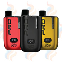 Three IVG Pro vape devices in red, black, and gold on a UK Vape Supply Logo Background