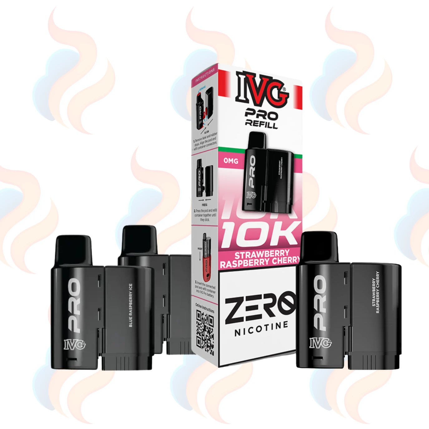 Three IVG Pro 12 0mg refills on a white background with UK Vape Supply Logo
