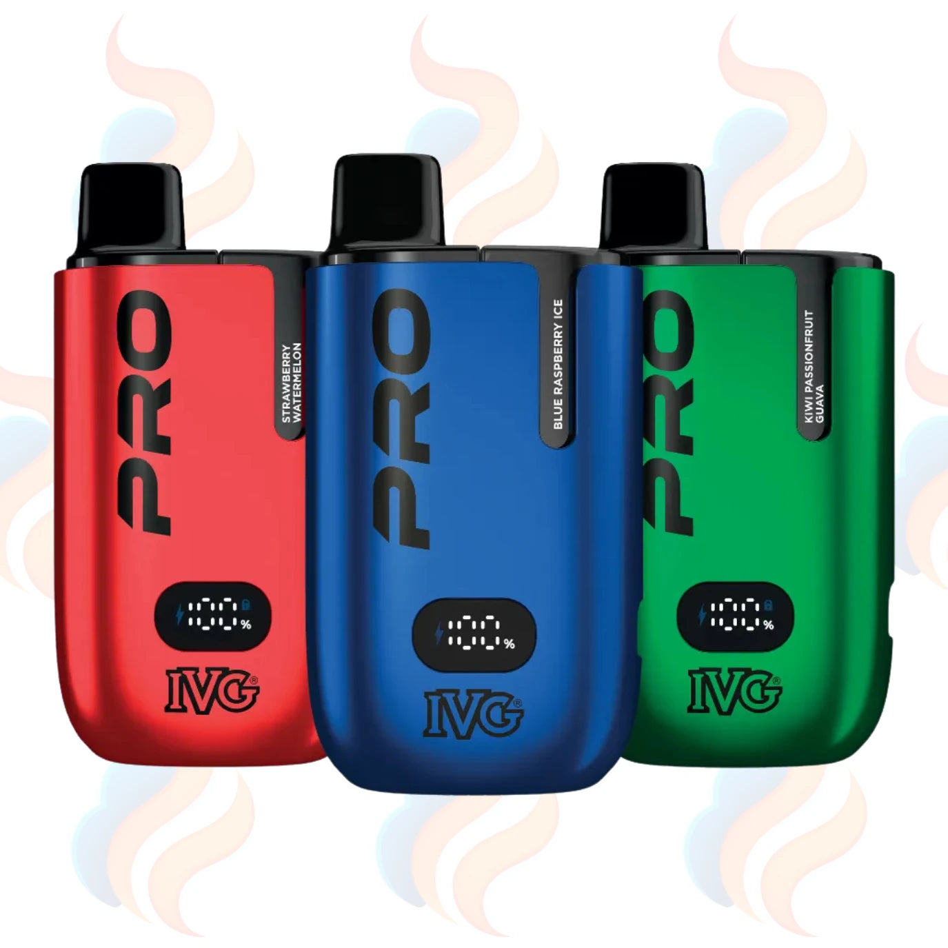 Three IVG Pro vape devices in red, blue, and green on a UK Vape Supply Logo Background