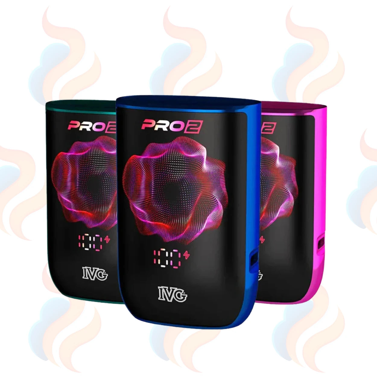 Three IVG Pro 2 Vape devices with no pods on a white background with UK Vape Supply Logo
