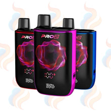 Three IVG Pro 2 prefilled vape devices in different colours on a UK Vape Supply Logo background.
