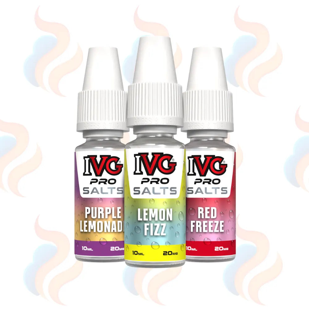 Three bottles of IVG Pro Salts in 20mg strength various colours and flavours on a white background