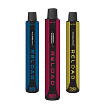 Three Reload vape devices in blue, red, and yellow on a white background