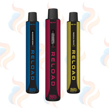Three IVG Reload vape devices in blue, red, and yellow on a UK Vape Supply logo background