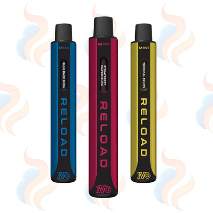 Three IVG Reload vape devices in blue, red, and yellow on a UK Vape Supply logo background