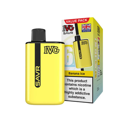 Yellow IVG SAVR vape device with packaging on a white background