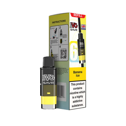 IVG SAVR refills banana ice and packaging on a white background