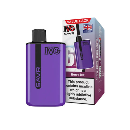 Purple IVG SAVR vape device with packaging on a white background