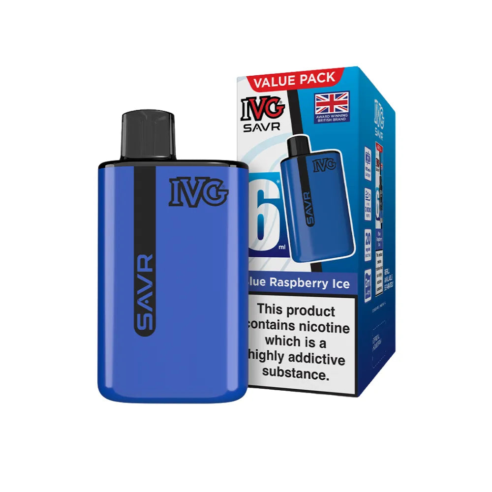 Blue IVG SAVR vape device with packaging on a white background