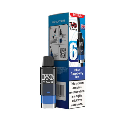 IVG SAVR refills blue raspberry ice and packaging on a white background