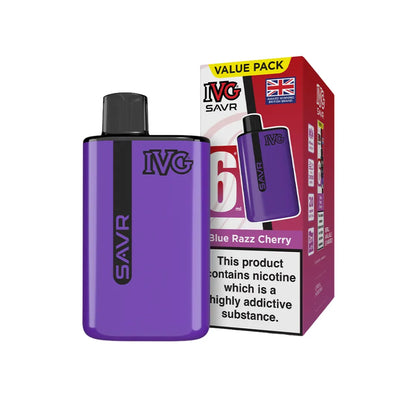 Purple IVG SAVR vape device with packaging on a white background