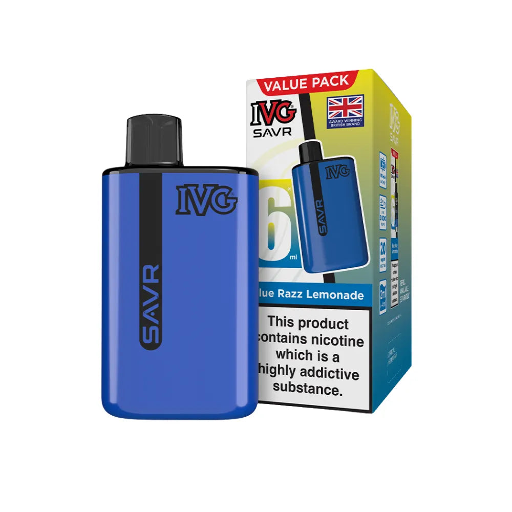 Blue IVG SAVR vape device with packaging on a white background