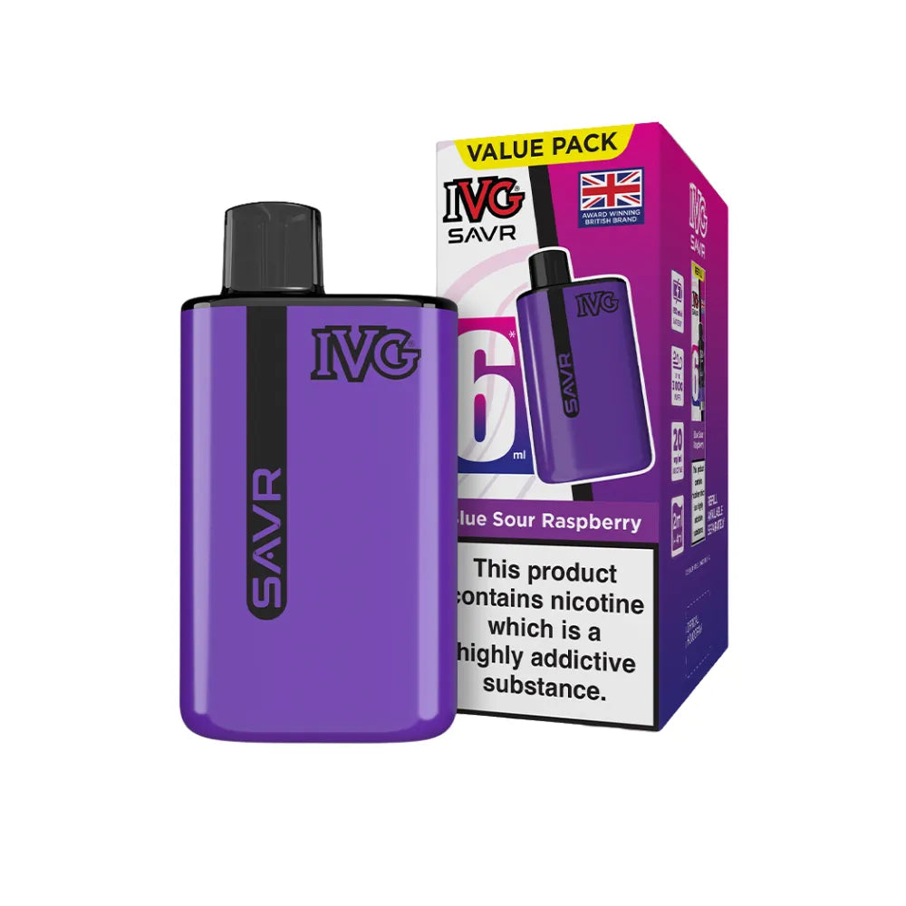 Purple IVG SAVR vape device with packaging on a white background