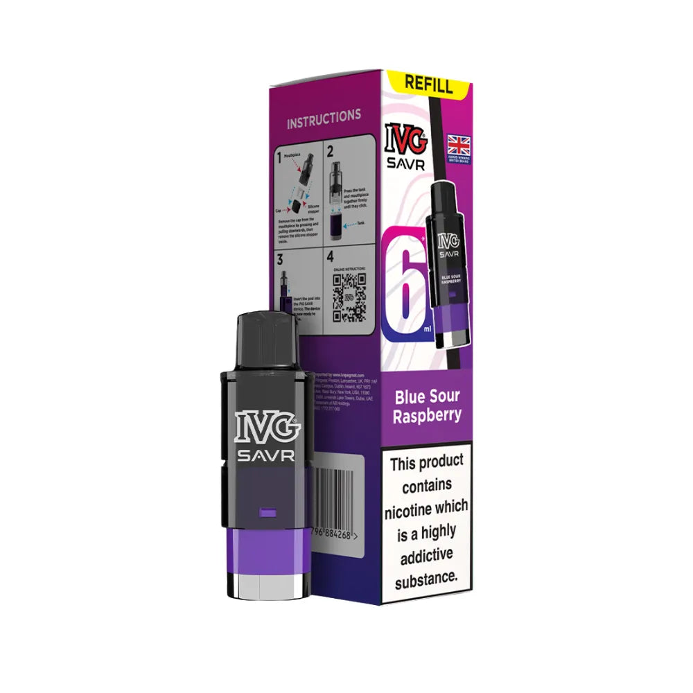 Blue Sour Raspberry IVG SAVR refills and packaging on a white background