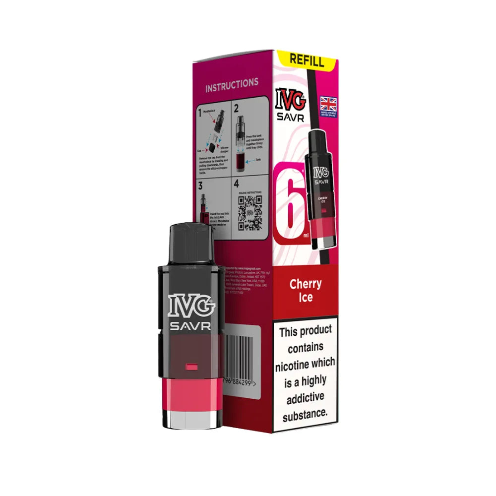 Cherry Ice IVG SAVR refills and packaging on a white background