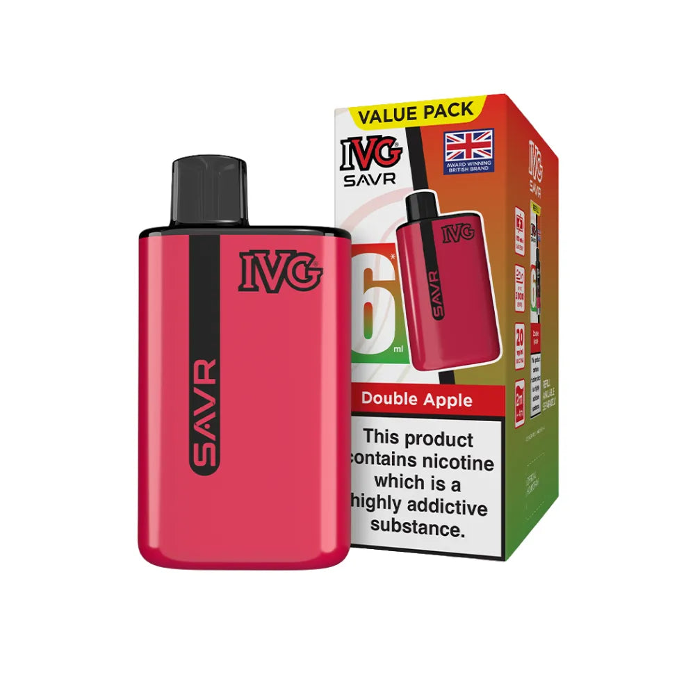 Red IVG SAVR vape device with packaging on a white background