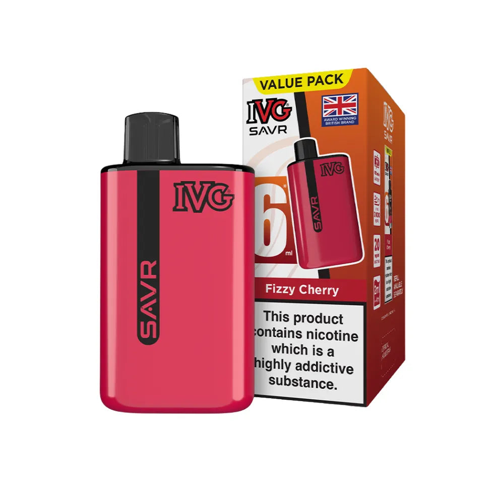 Red IVG SAVR vape device with packaging on a white background