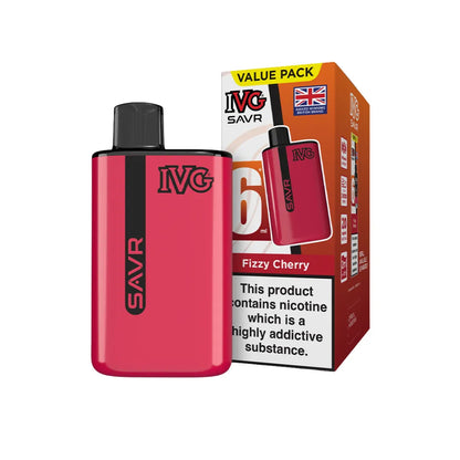 Red IVG SAVR vape device with packaging on a white background
