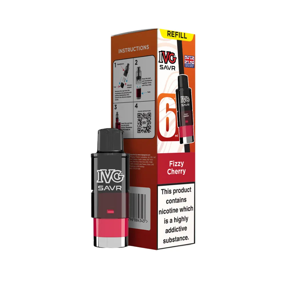 Fizzy Cherry IVG SAVR refills and packaging on a white background