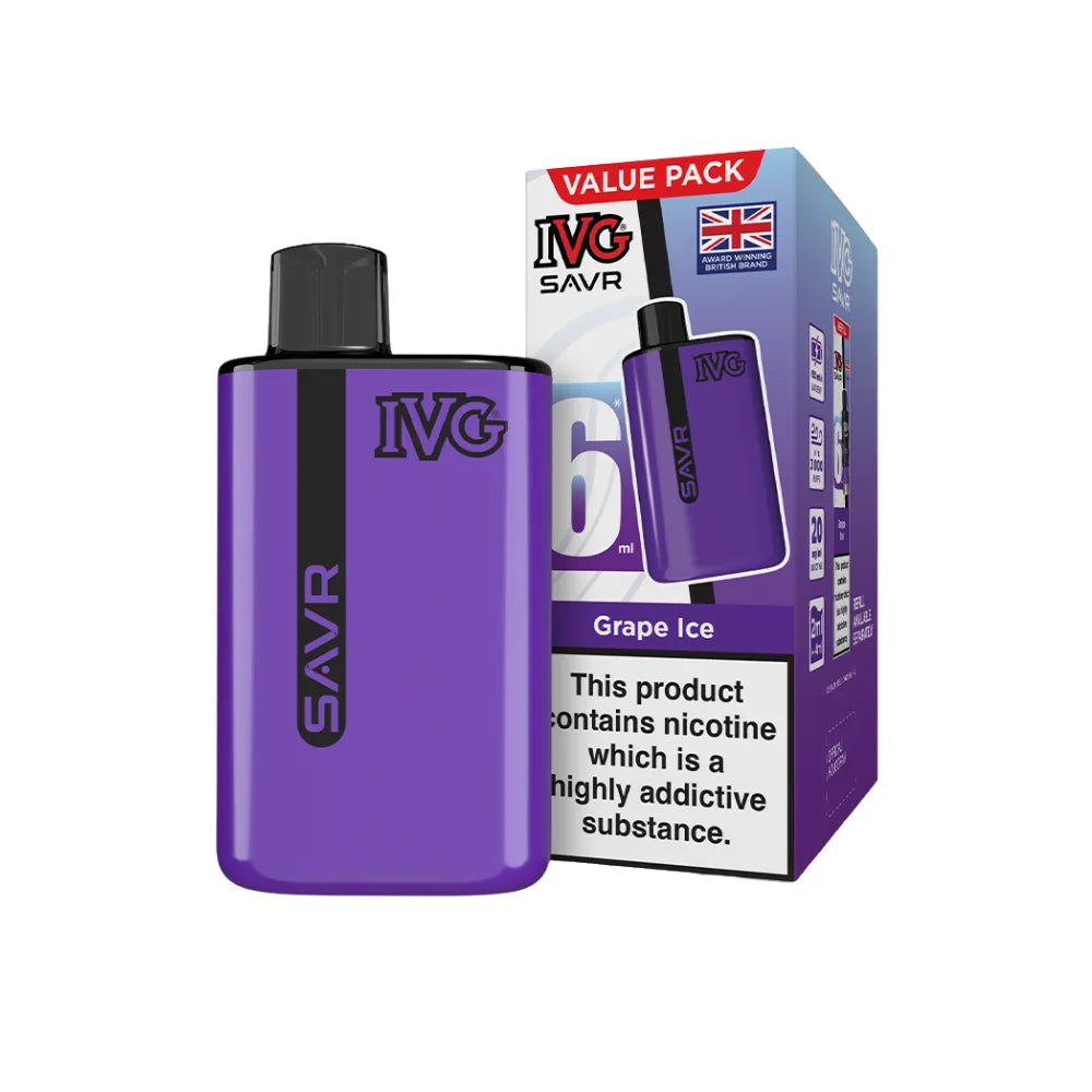 Purple IVG SAVR vape device with packaging on a white background