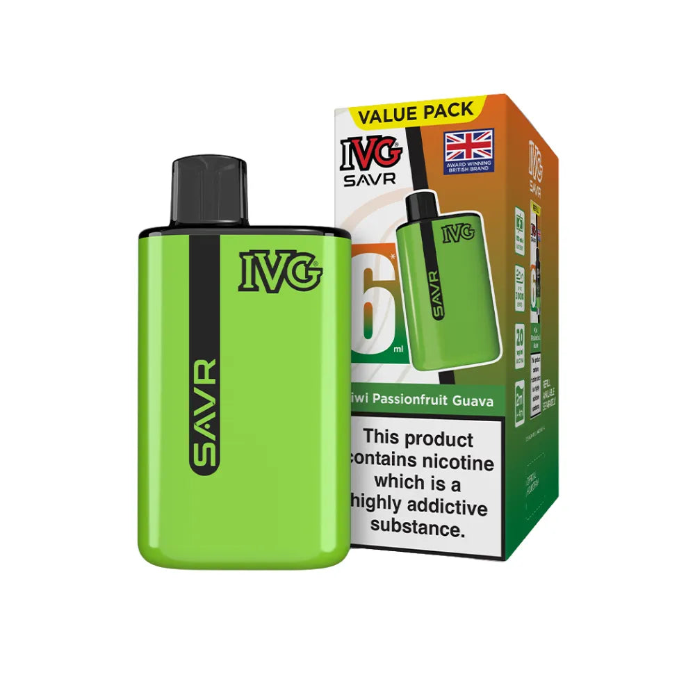 Green IVG SAVR vape device with packaging on a white background