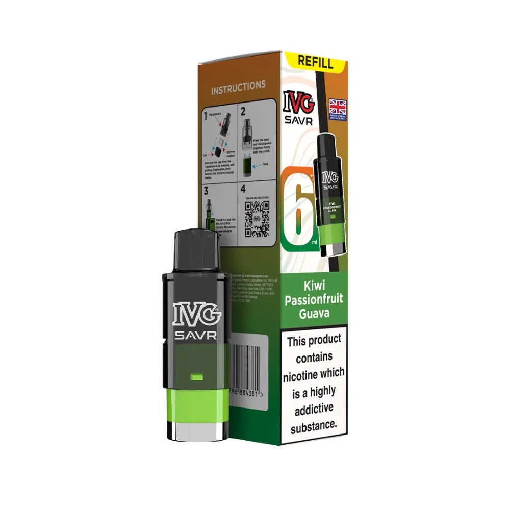 Kiwi Passionfruit Guava IVG SAVR refills and packaging on a white background
