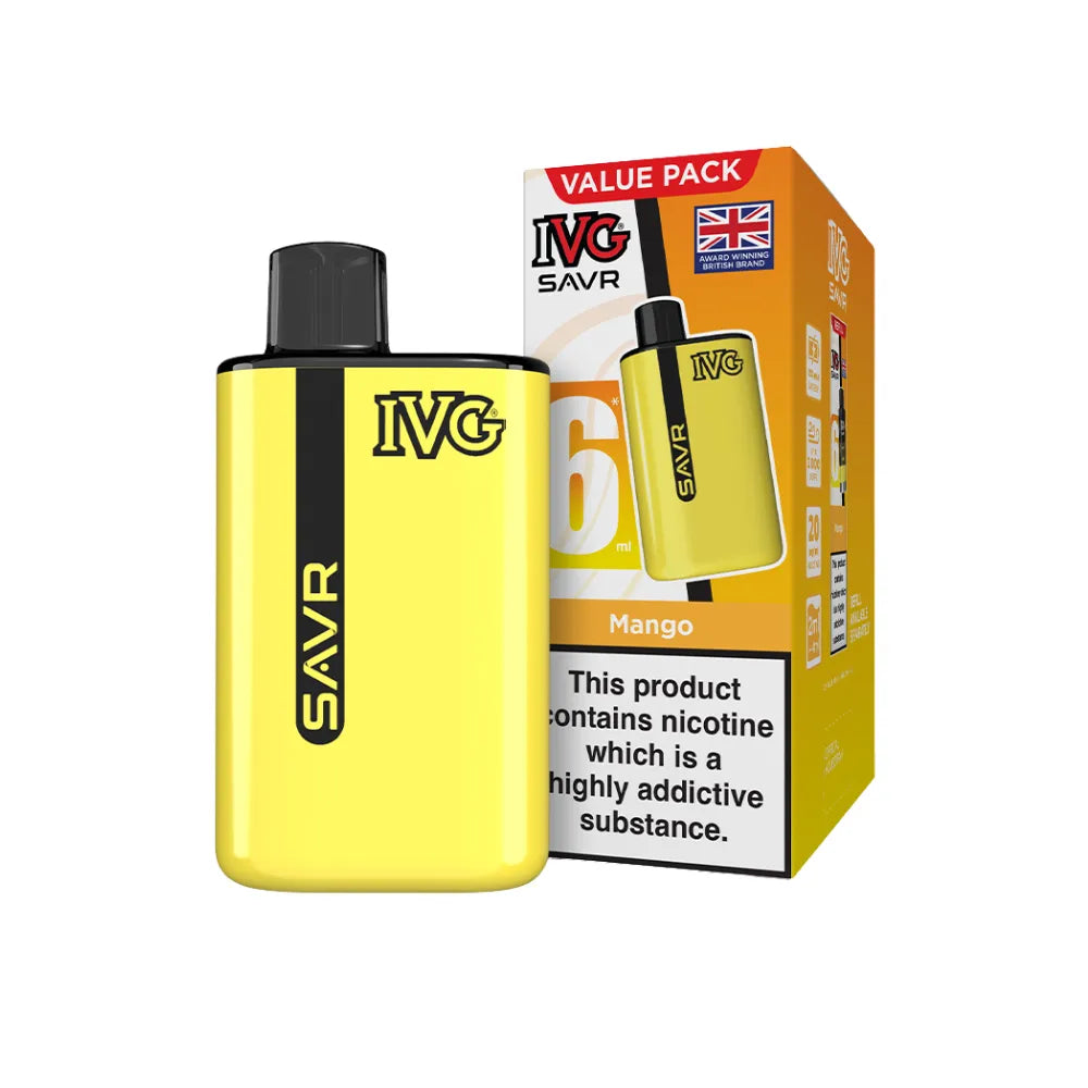 Yellow IVG SAVR vape device with packaging on a white background