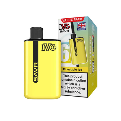 Yellow IVG SAVR vape device with packaging on a white background