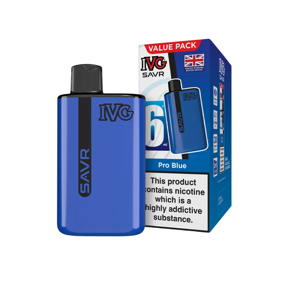 Blue IVG SAVR vape device with packaging on a white background
