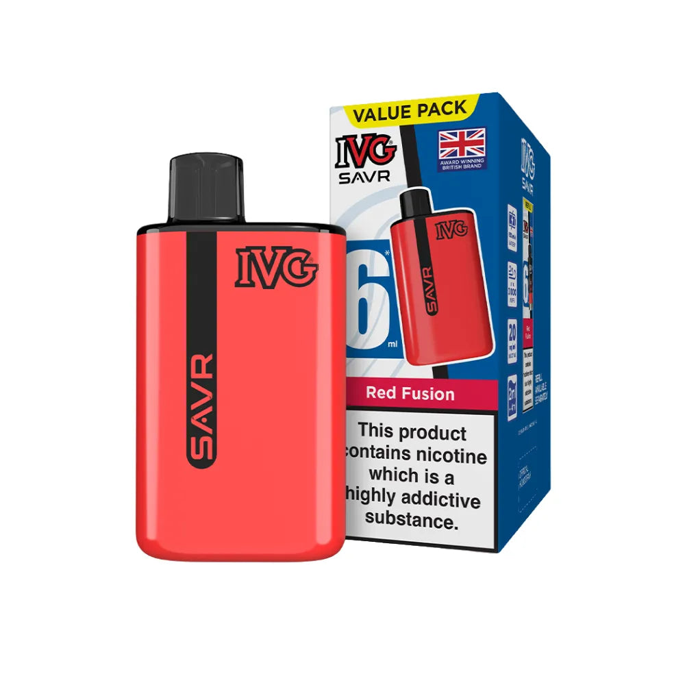 Red IVG SAVR vape device with packaging on a white background
