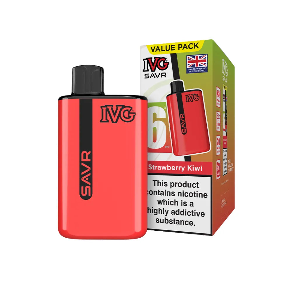 Red IVG SAVR vape device with packaging on a white background