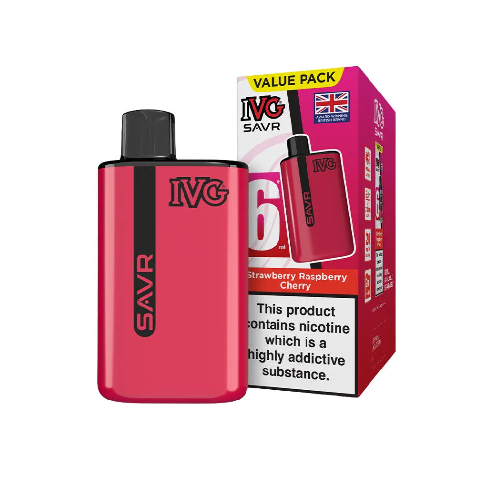 Red IVG SAVR vape device with packaging on a white background