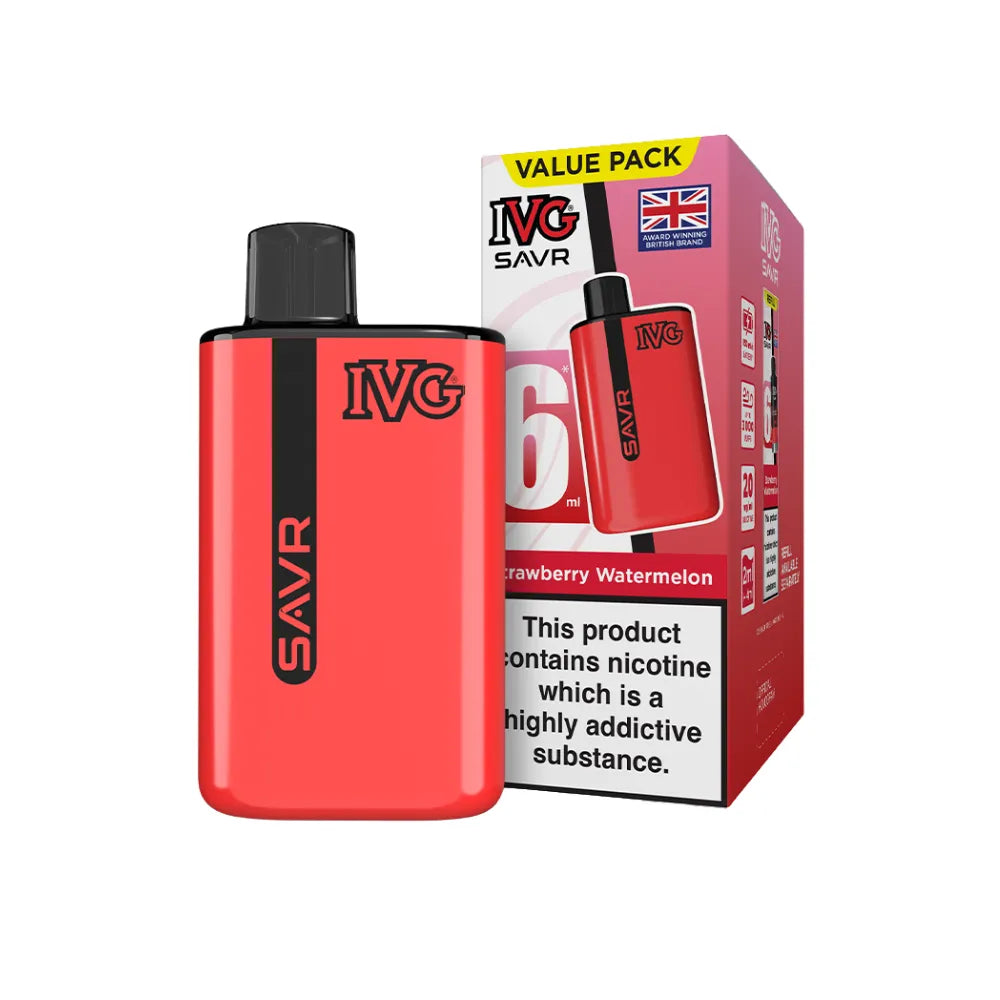 Red IVG SAVR vape device with packaging on a white background